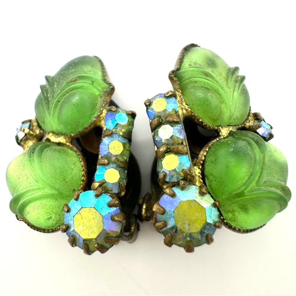 West Germany vintage brass green molded glass AB rhinestones clip on earrings